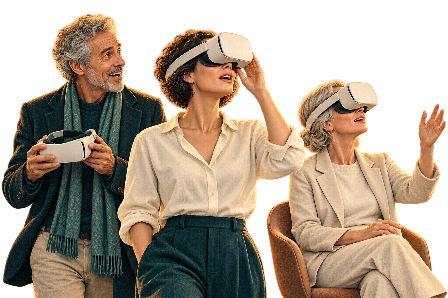 Staunende Gäste: ein Mann hält seine VR-Brille in der Hand, zwei Frauen tragen sie, eine davon sitzt.
